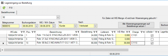 Lagereingang zur Bestellung buchen